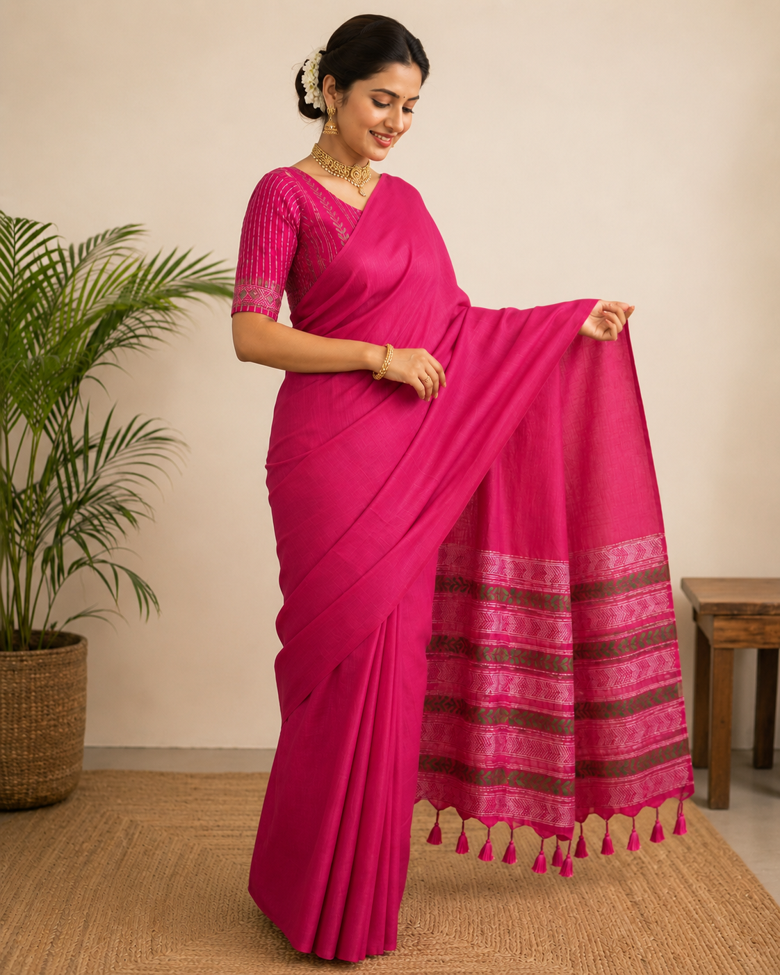 ArtEastri Magenta Cotton Kantha Stitch Saree with blouse piece
