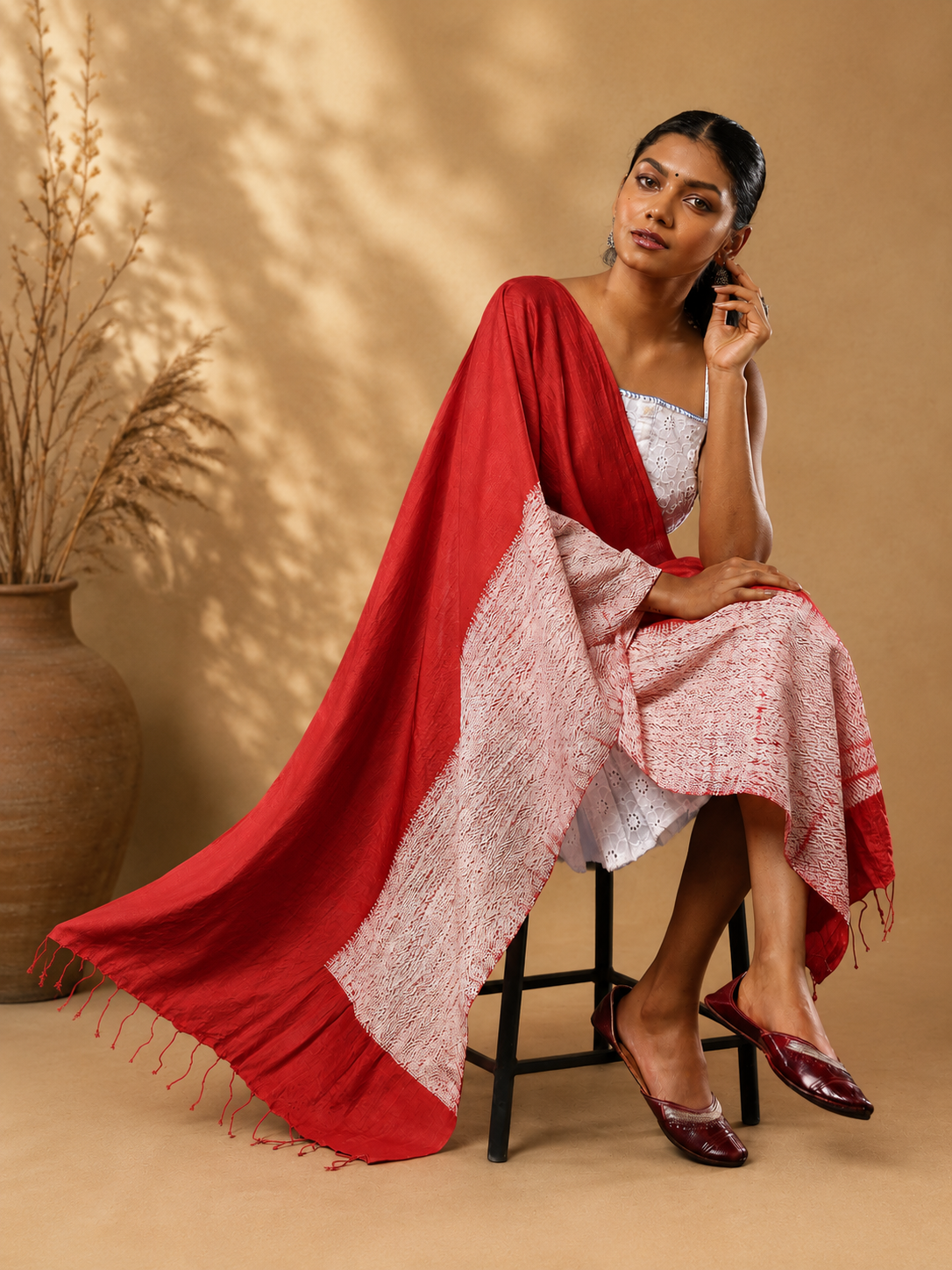 ArtEastri Red Hand Woven Pure Silk Shibori Stole
