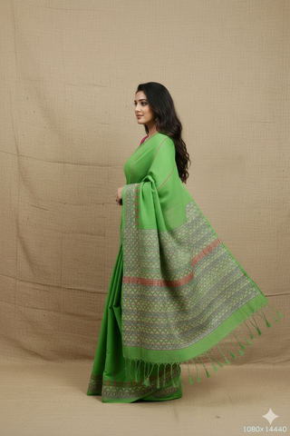 Parrot Green Khesh Kantha Cotton Saree