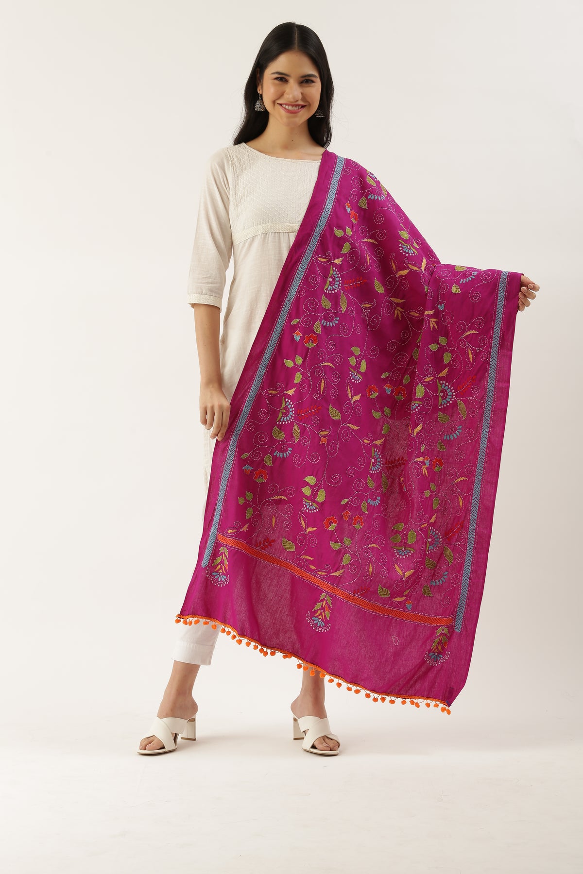 Magenta Floral Cotton Kantha Dupatta with Pompoms