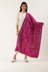 Magenta Floral Cotton Kantha Dupatta with Pompoms