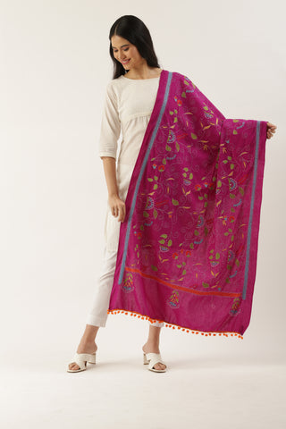 Magenta Floral Cotton Kantha Dupatta with Pompoms