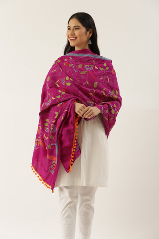 Magenta Floral Cotton Kantha Dupatta with Pompoms