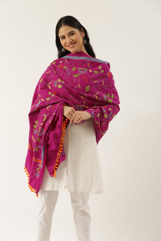 Magenta Floral Cotton Kantha Dupatta with Pompoms