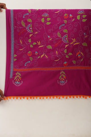 Magenta Floral Cotton Kantha Dupatta with Pompoms