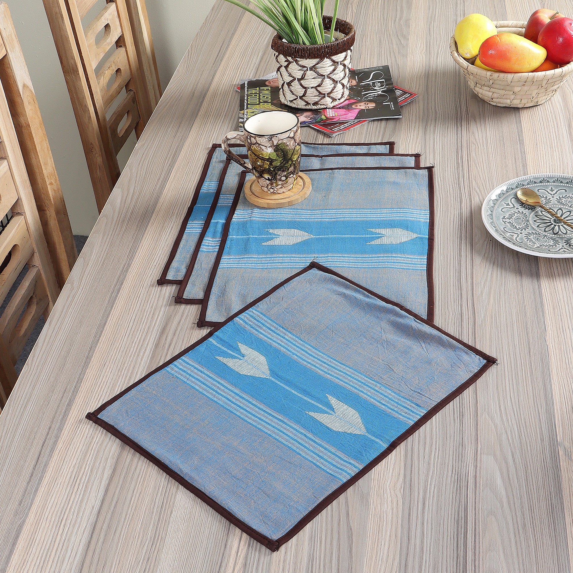 Blue Brown Jamdani Cotton Table Runner & Table Mats- 4Pack