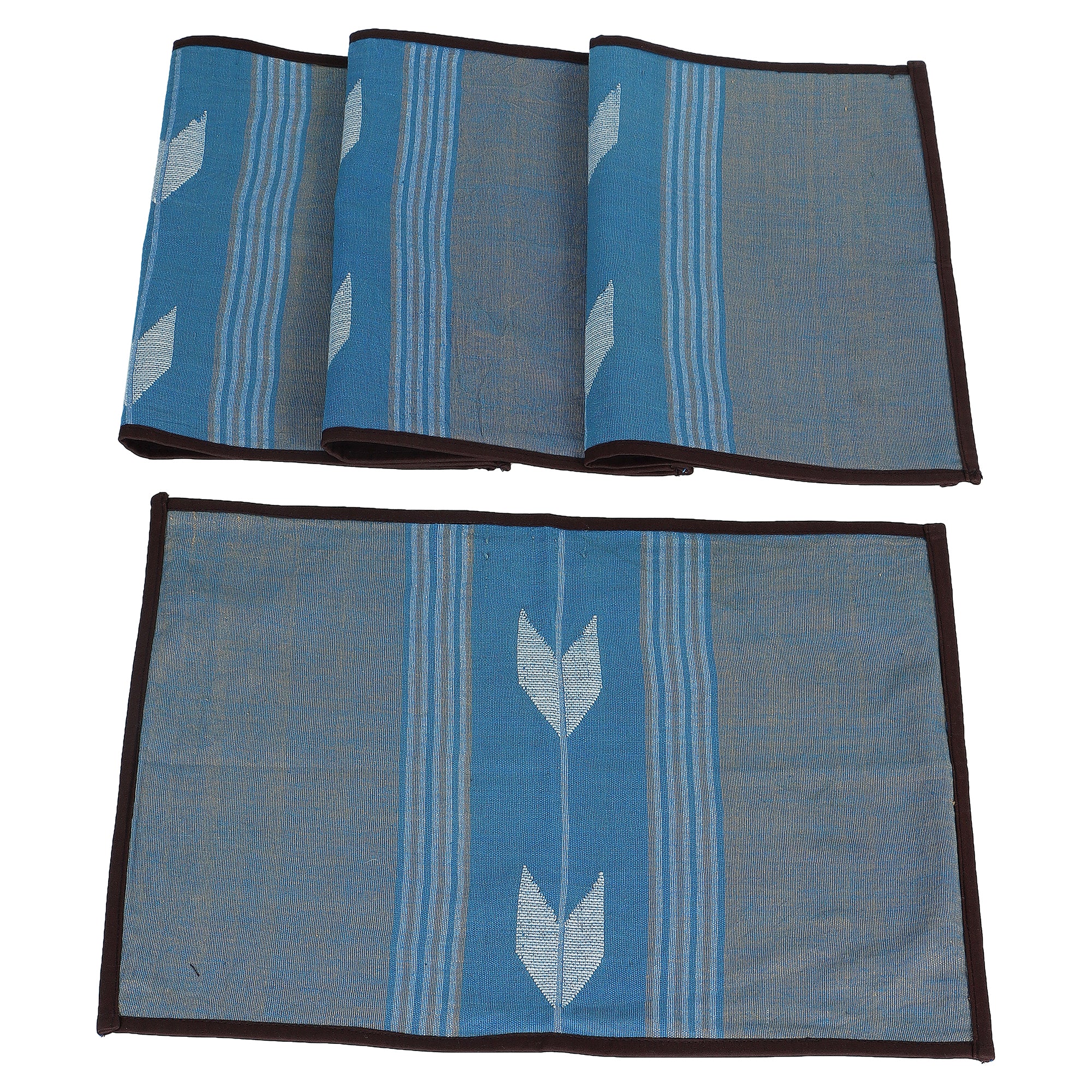 Blue Brown Jamdani Cotton Table Runner & Table Mats- 4Pack