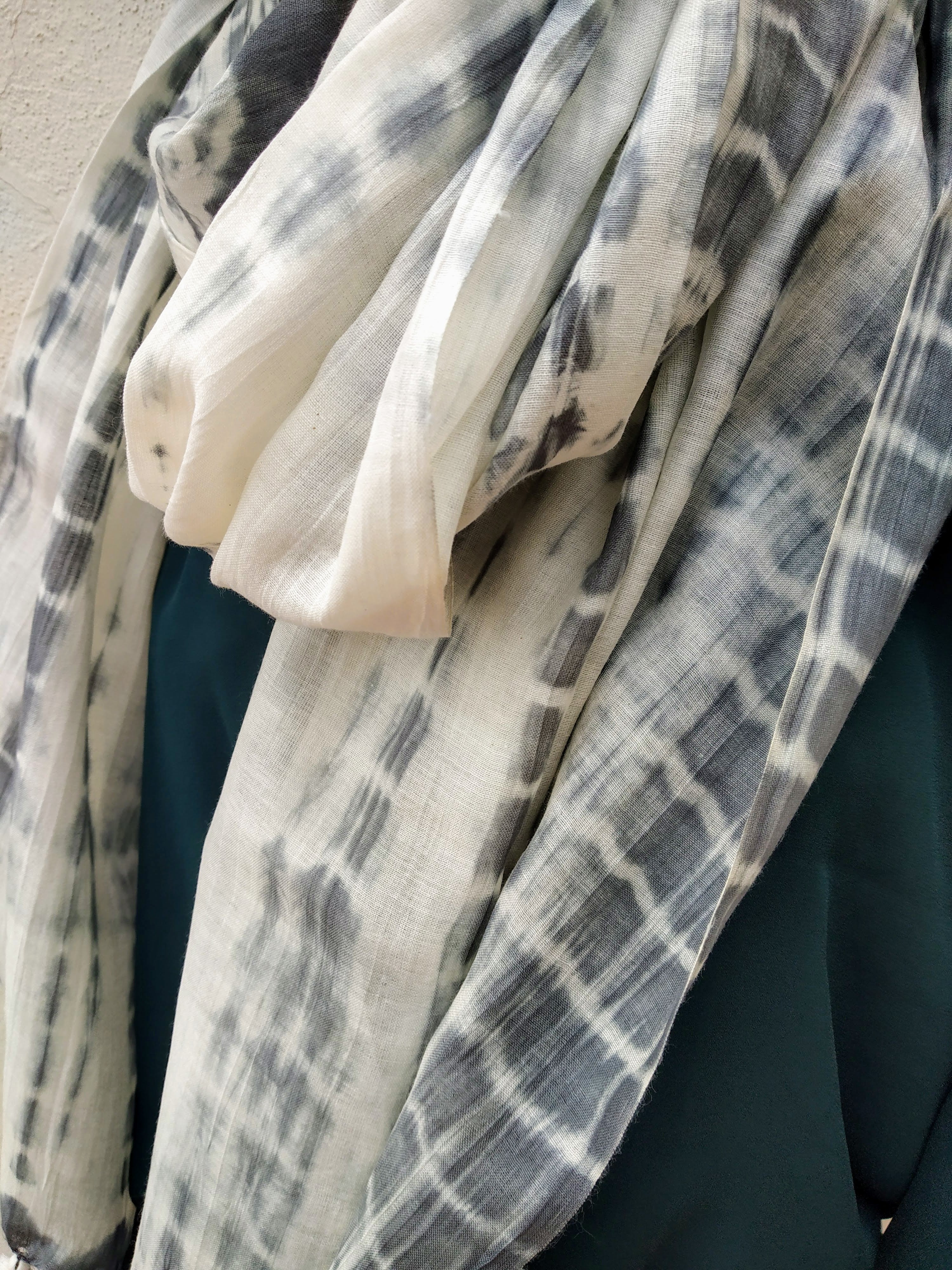 Ivory Grey Shibori Cotton Silk  Stole