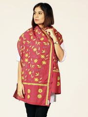 Maroon Yellow Floral Kantha Cotton Stole