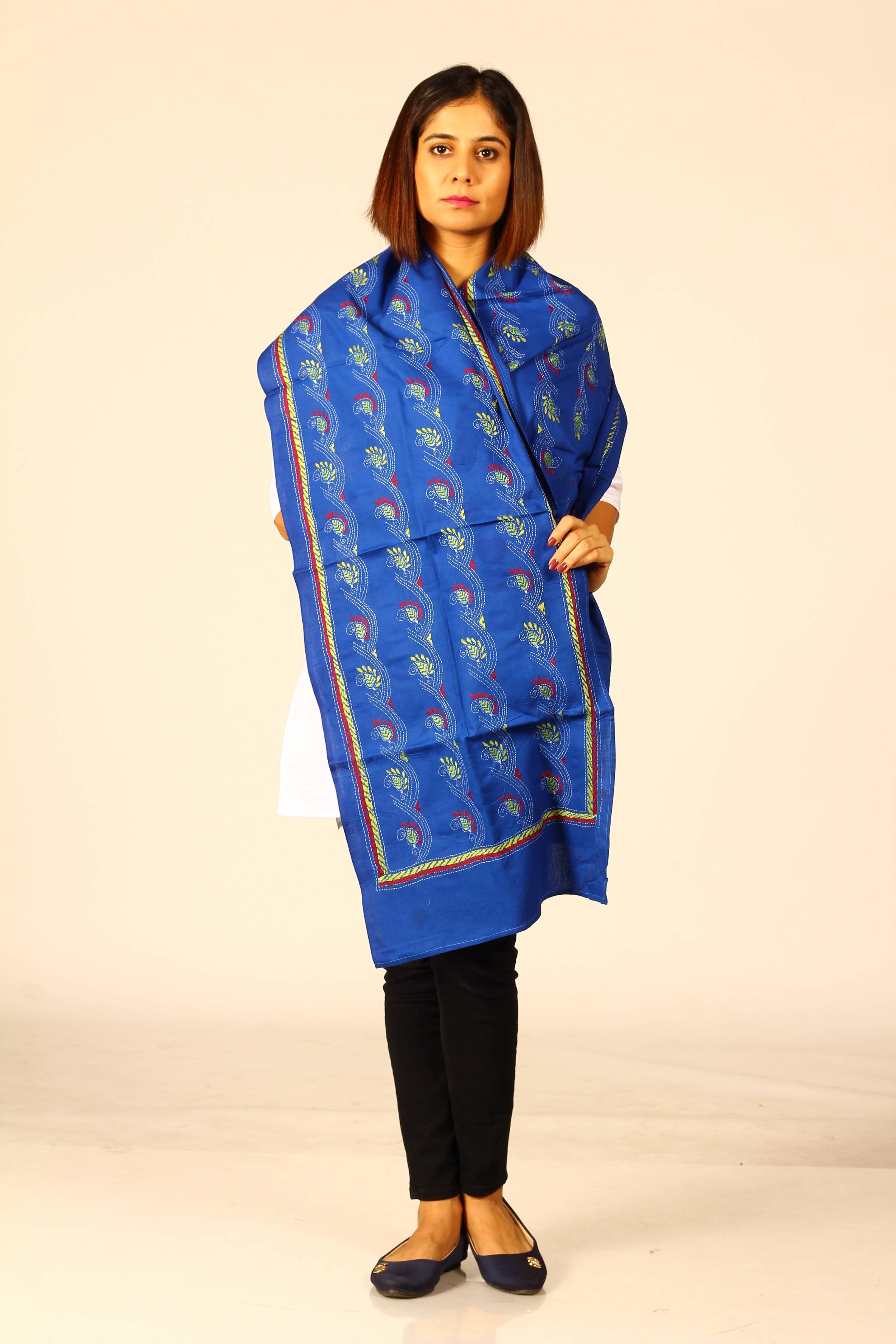 Blue Green Kantha Cotton Stole for women
