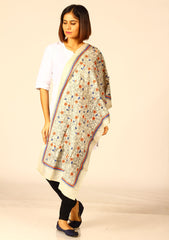 Cream Blue Orange Floral Kantha work  Embroidered Silk Stole for women