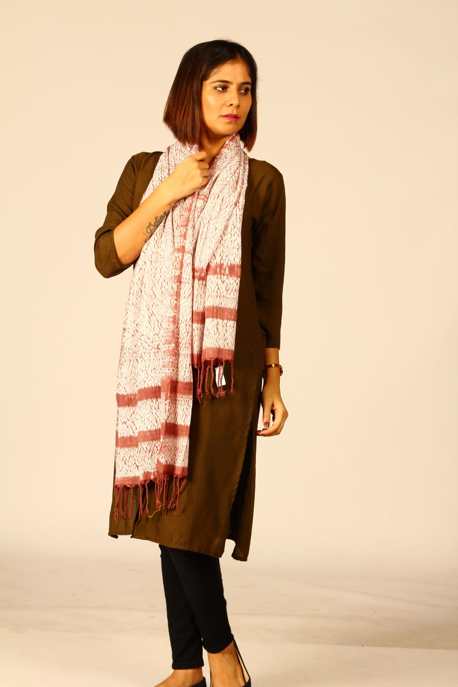 Brown Ivory  Cotton Woven Shibori Stole for women