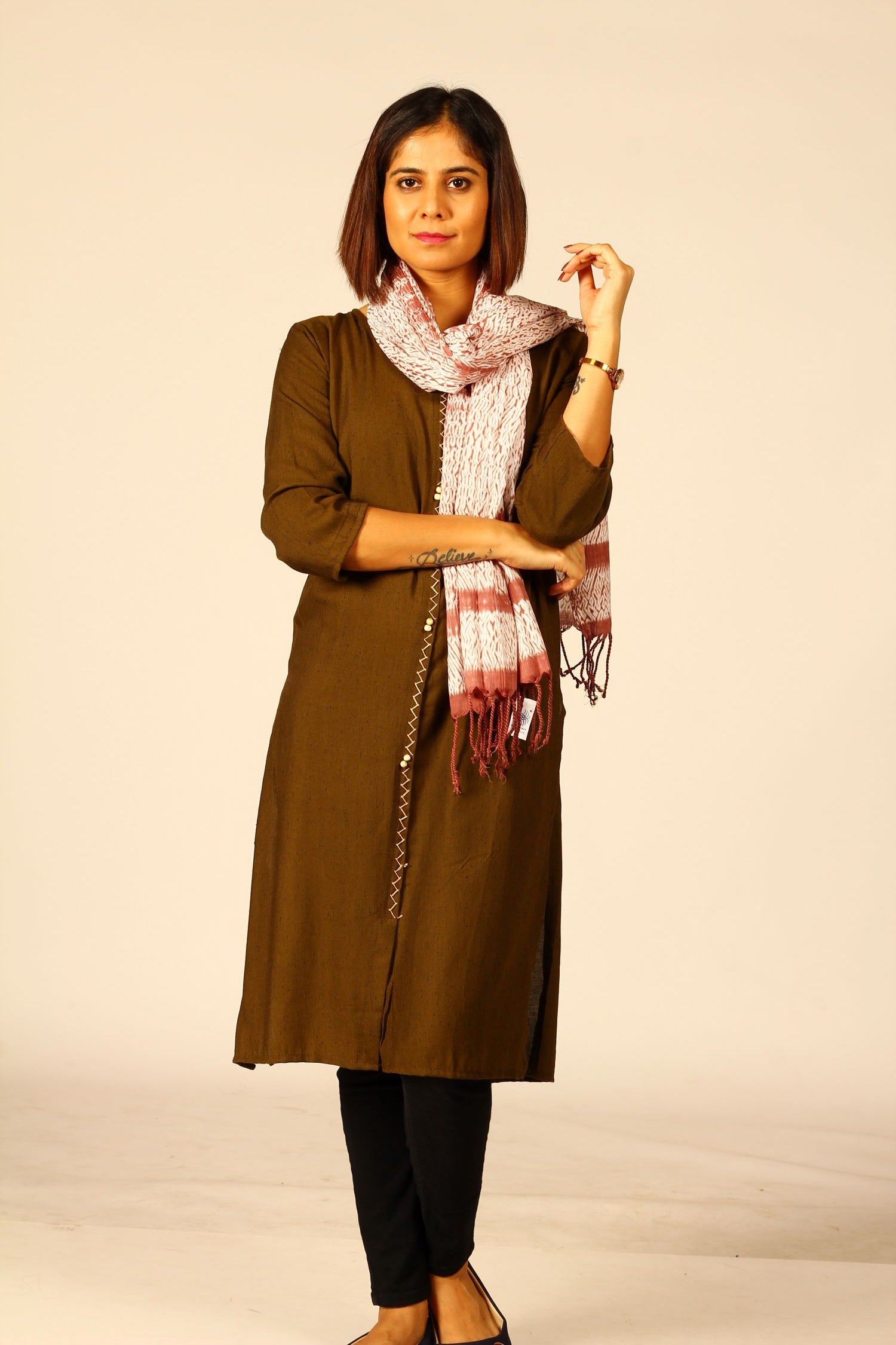 Brown Ivory  Cotton Woven Shibori Stole for women