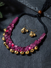 Magenta Handcrafted Ikkat fabric Choker Brass Ghungroo Jewelry set