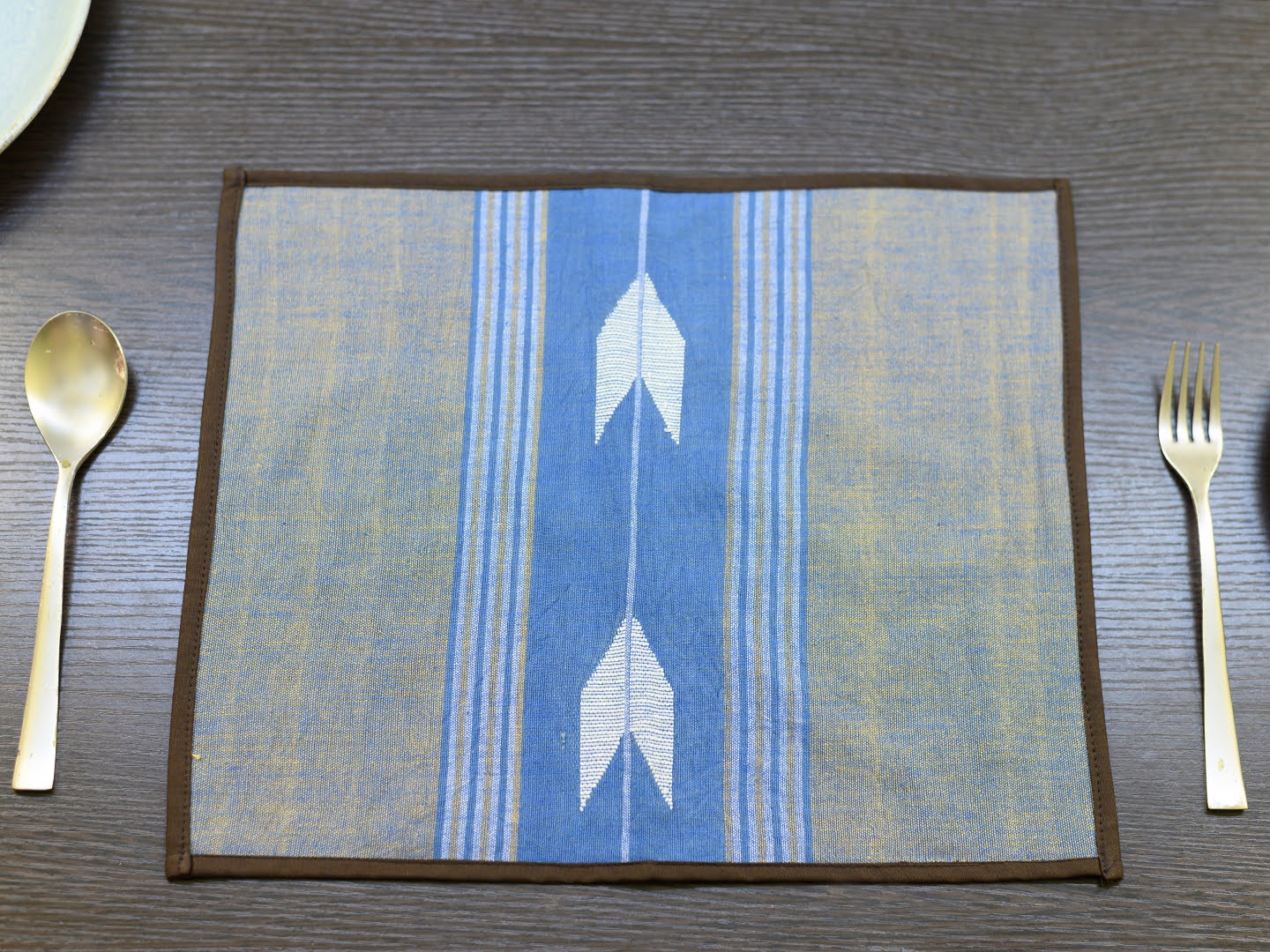 Blue Brown Jamdani Cotton Table Runner & Table Mats- 4Pack