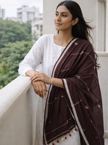 Burgundy Mul Cotton Jamdani Dupatta