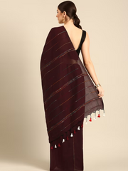 Maroon Cotton Saree with Pompoms