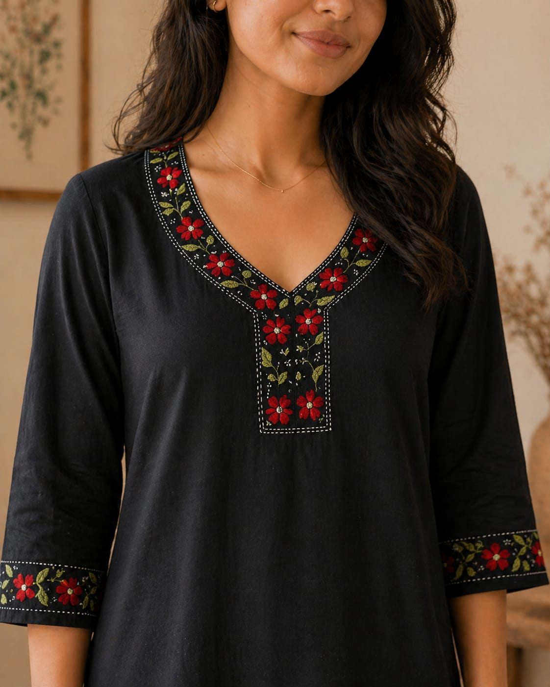 Navy Floral  Kantha Cotton Kurta