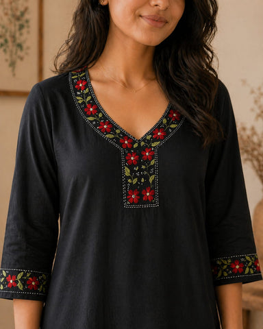 Navy Floral  Kantha Cotton Kurta