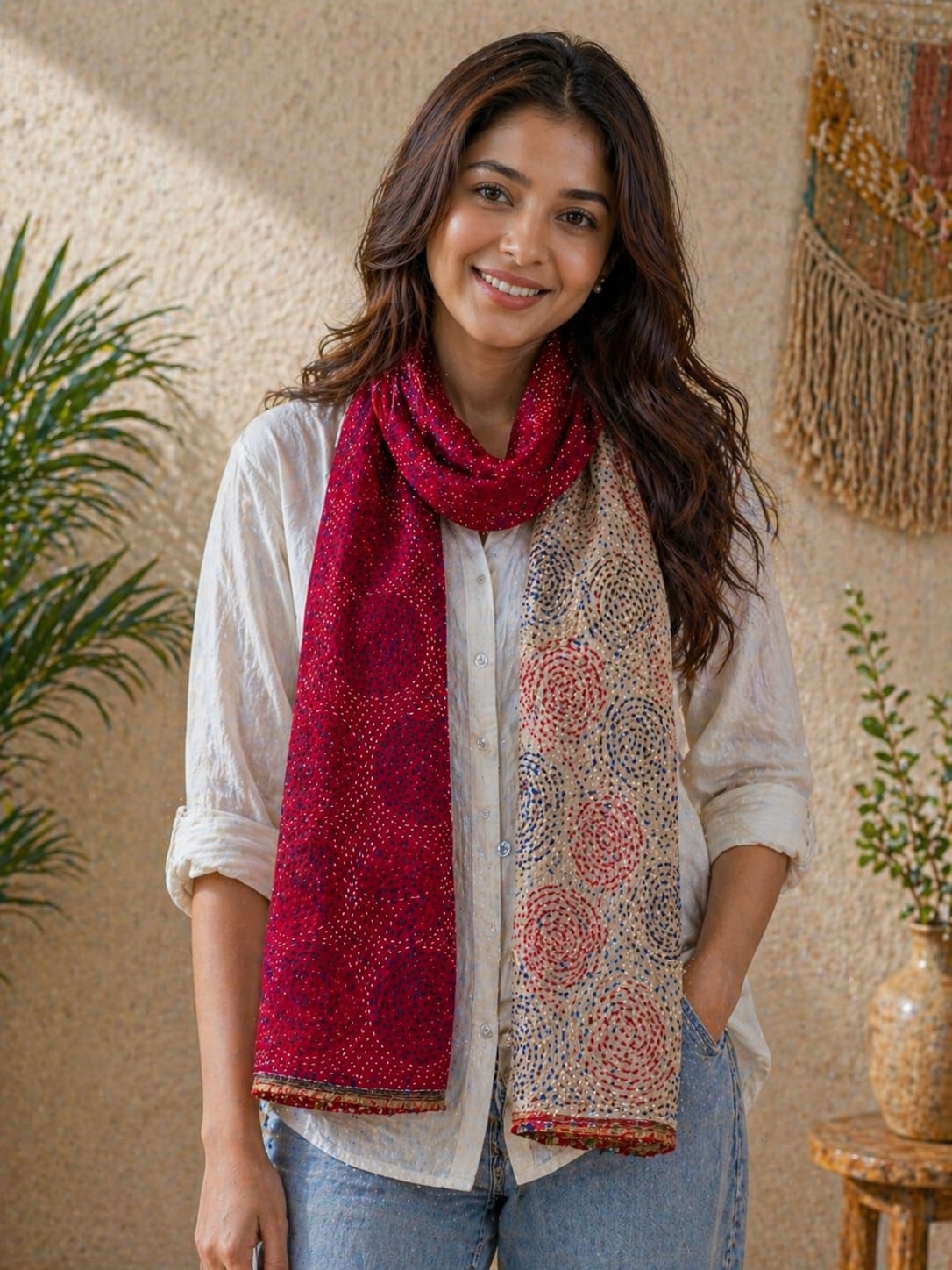 Vintage Silk Maroon Beige Kantha Stitch Reversible Stole