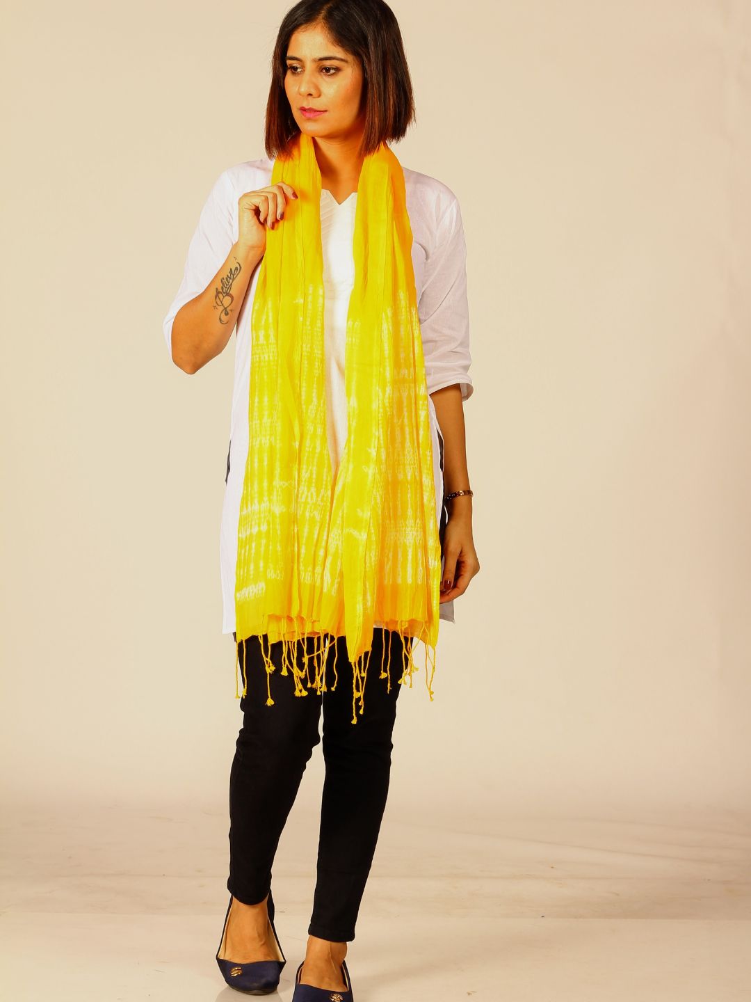 Yellow Woven Shibori  Cotton Stole