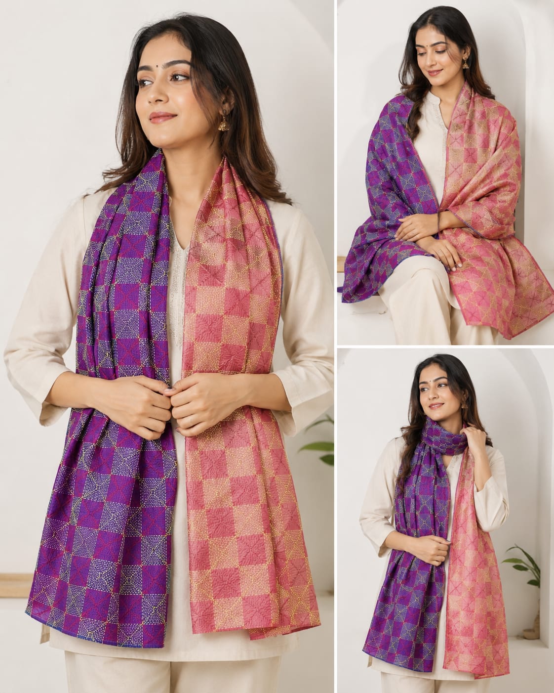 Vintage Silk Purple Peach Kantha Stitch Reversible Stole