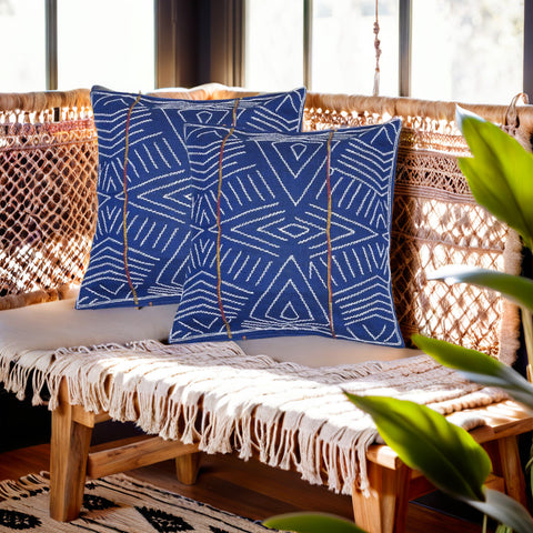 Navy White Kantha Cotton Sofa Cushion Cover - Pack of 1