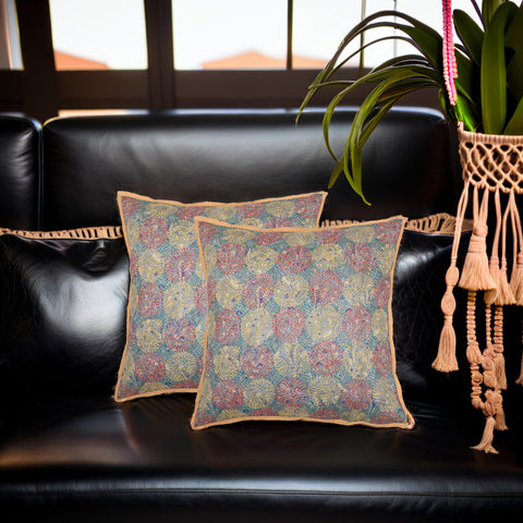 Grey Green Kantha  Silk Reversible Cushion Cover - Pack of 1