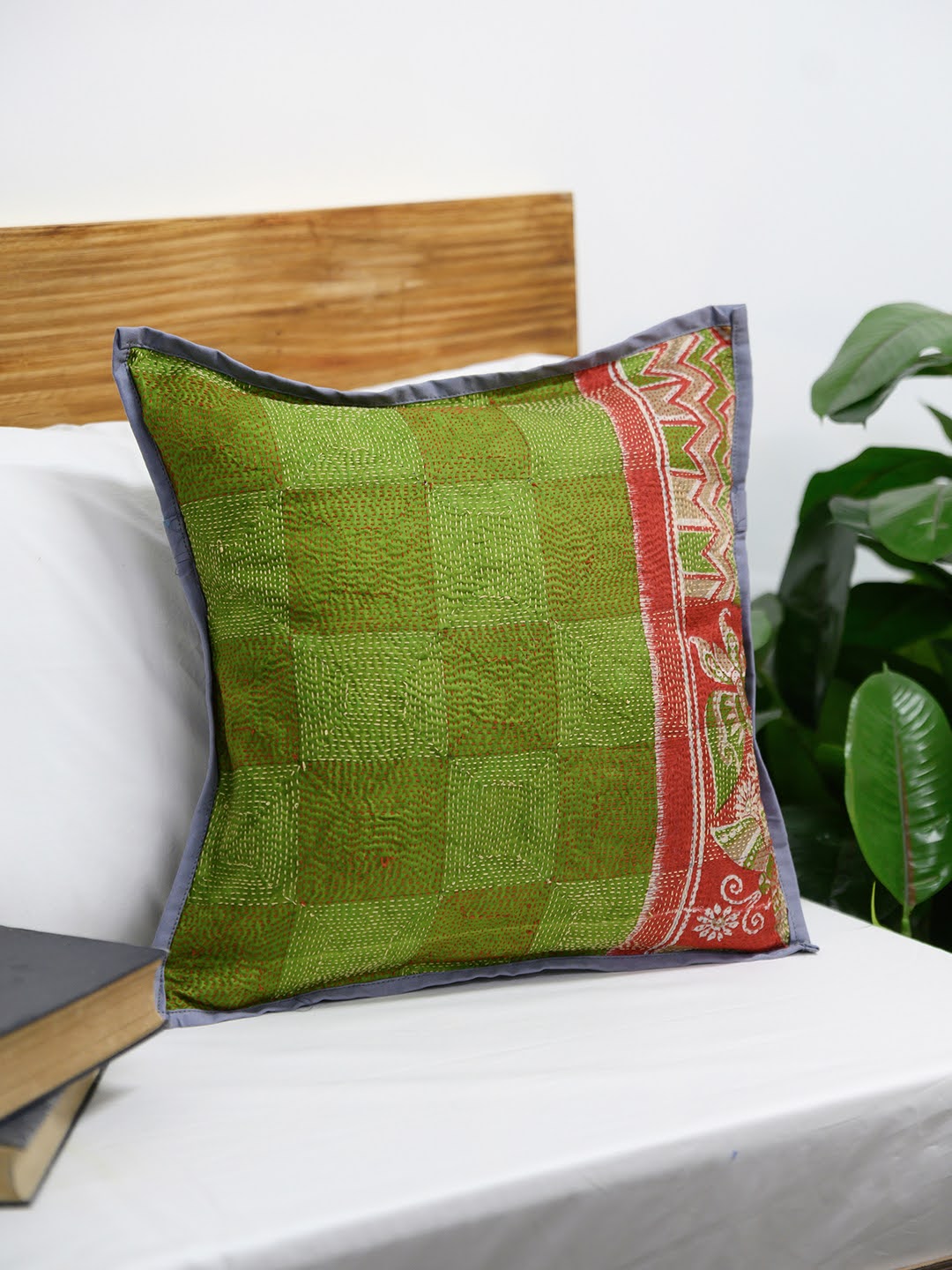 Red Brown Kantha Silk Reversible Cushion Cover - Pack of 1