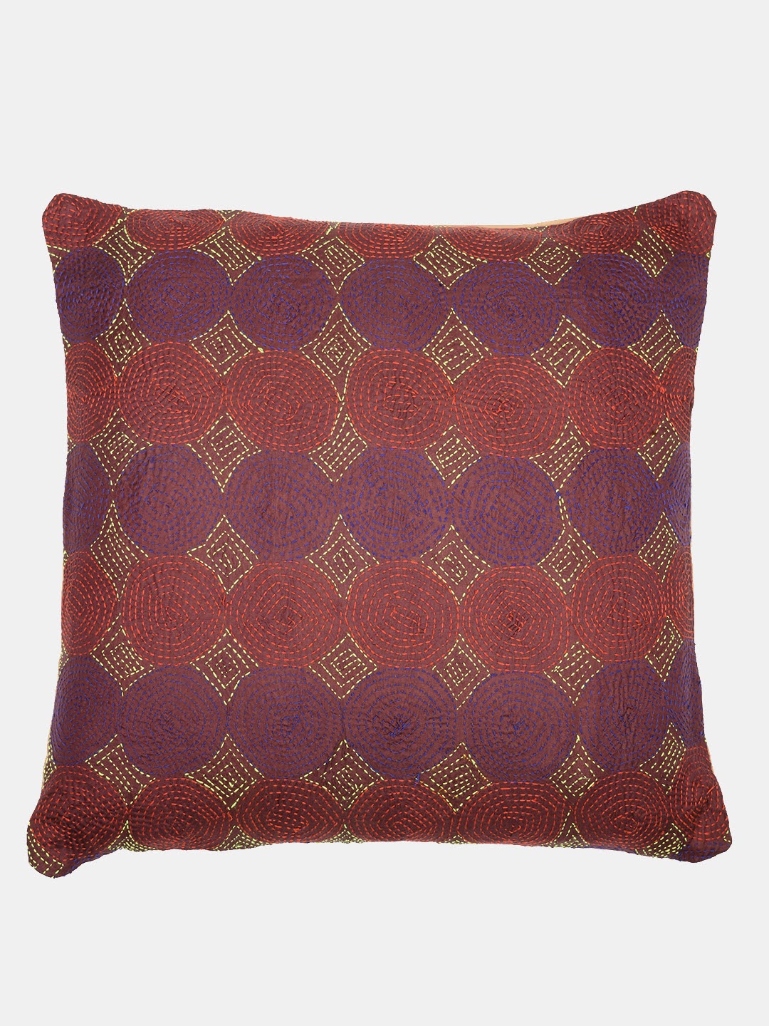 Beige Maroon Reversible Kantha Cushion cover- Grey Back