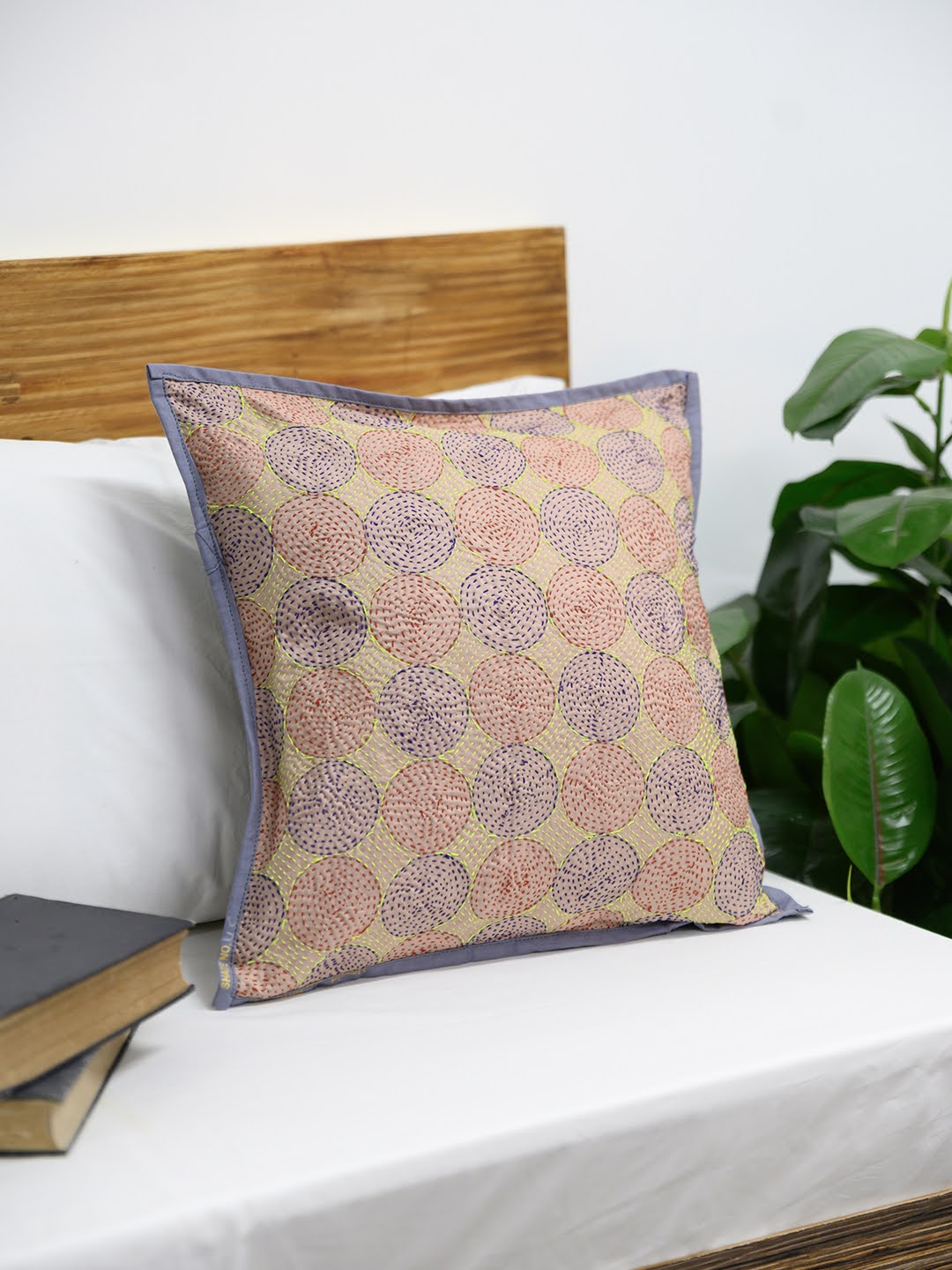 Beige Maroon Reversible Kantha Cushion cover- Grey Back