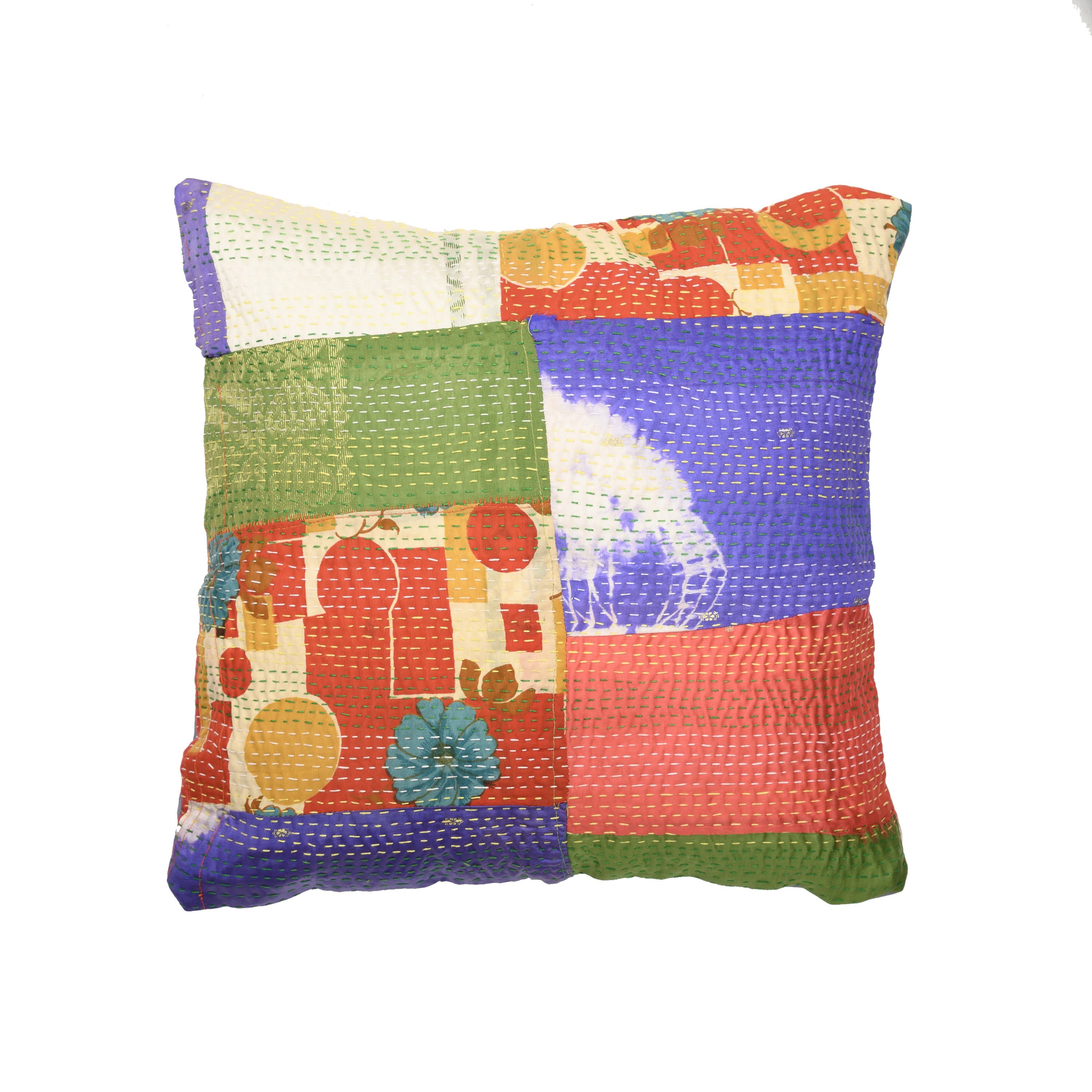 Multi  Silk Patch Kantha Cushion cover - Pack of 1