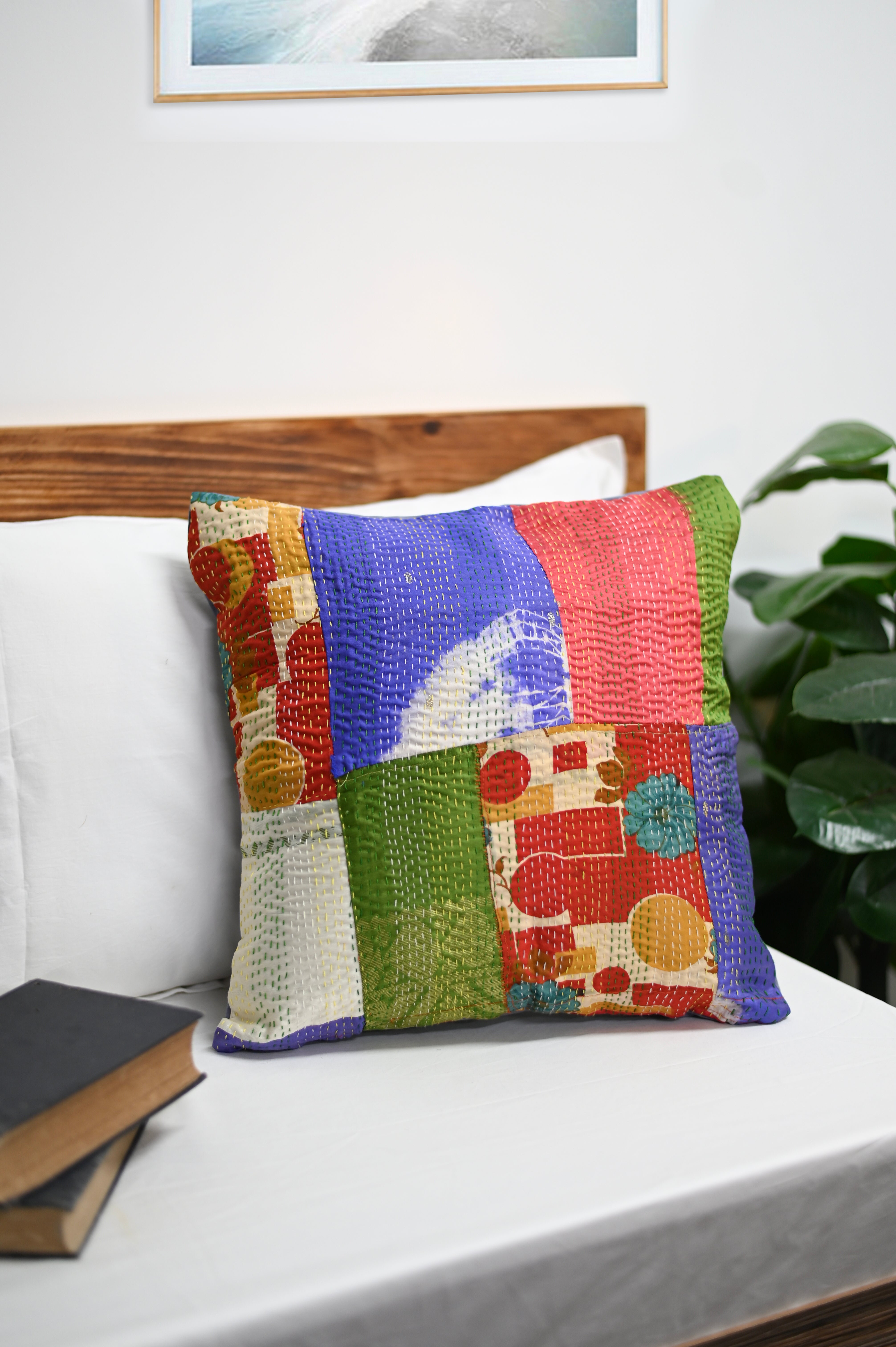 Black Back Silk Patch Kantha Cushion cover - Pack of 1