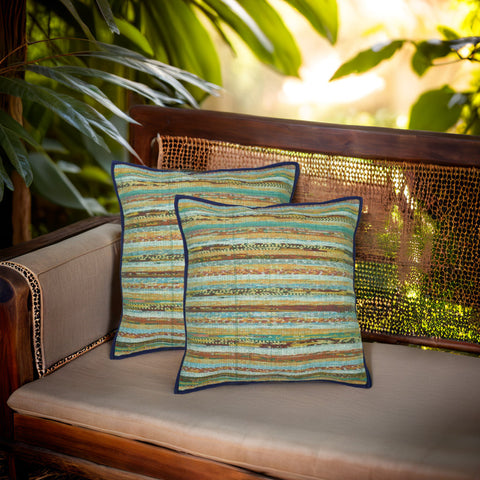 Multicolor Khesh Cotton Cushion Covers- Green Navy - Pack of 1