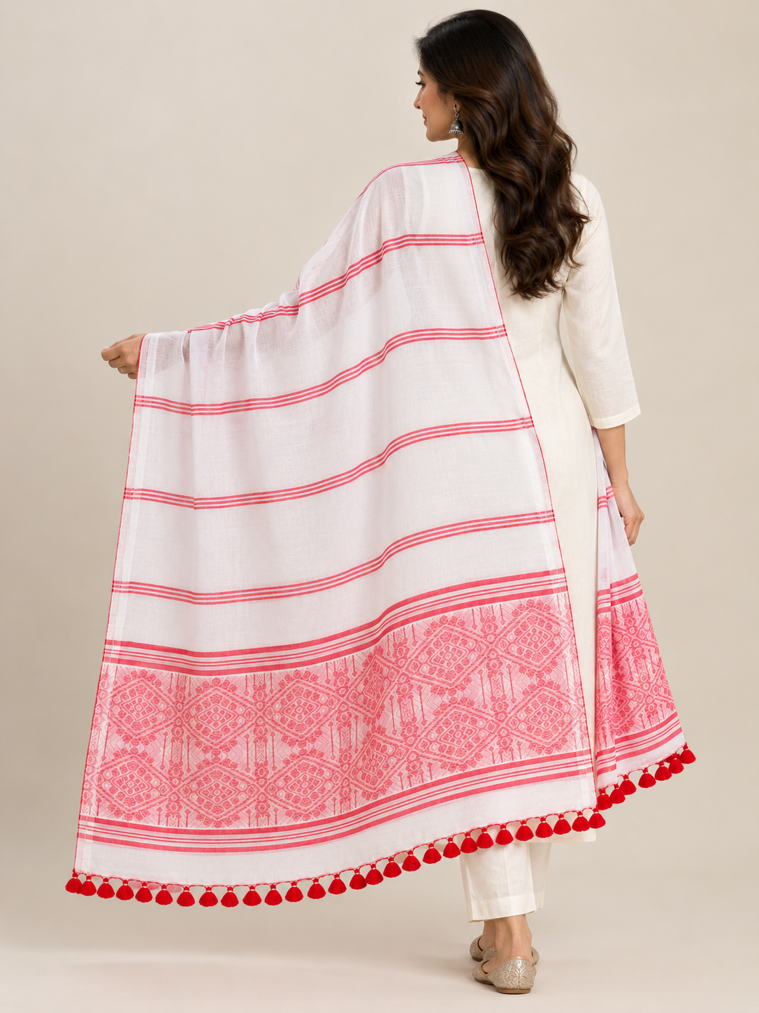 White Red Handloom Assamese Cotton Dupatta - back view