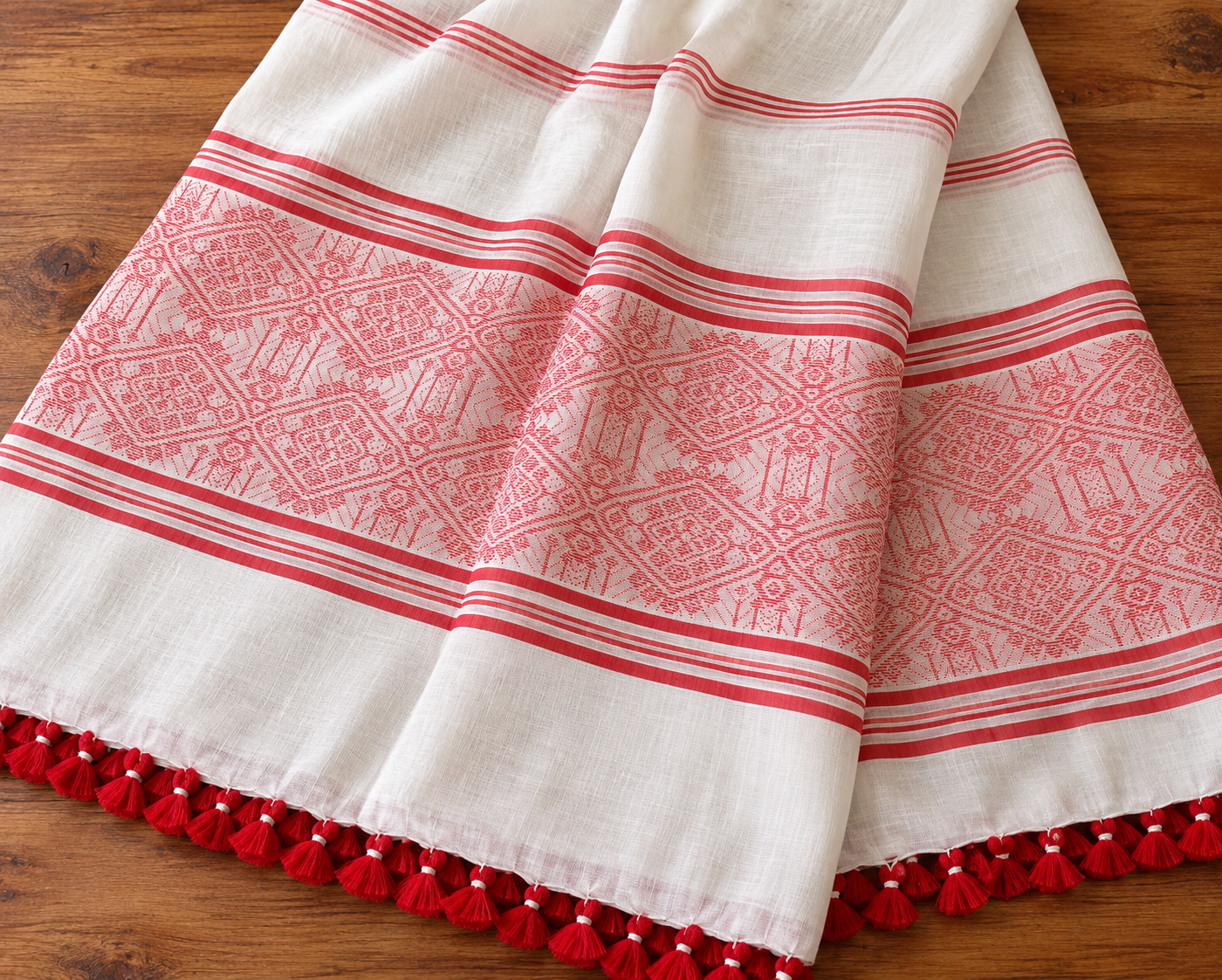 White Red Handloom Assamese Cotton Dupatta - view 5