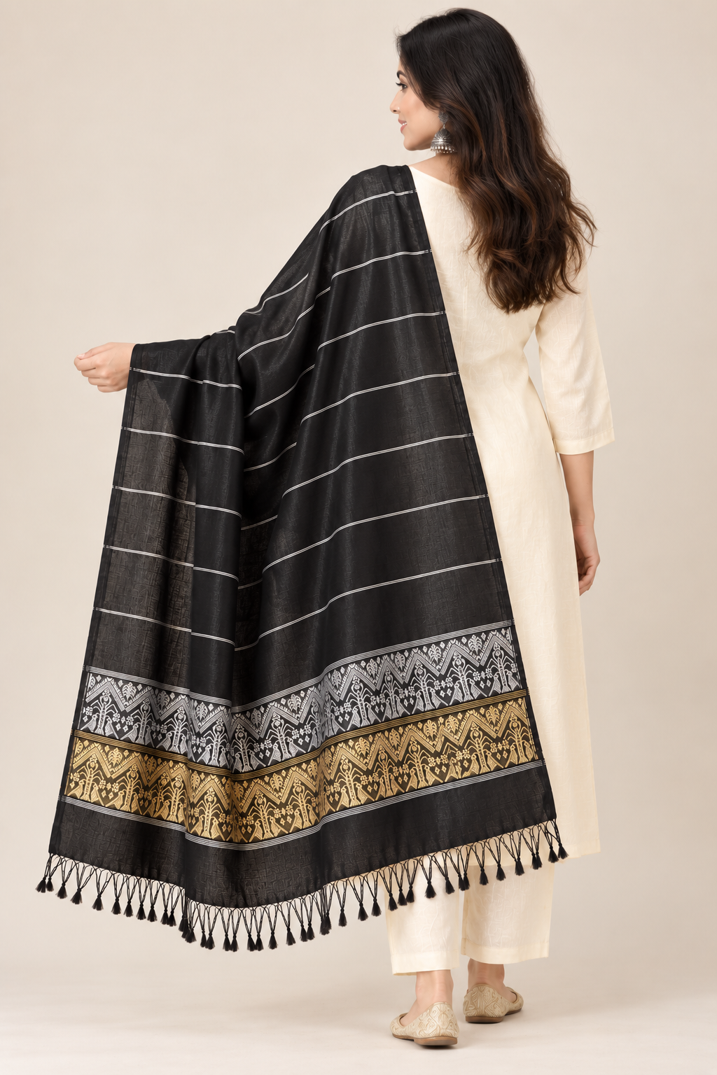 Black Yellow Handloom Assamese Art Silk Dupatta - view 3