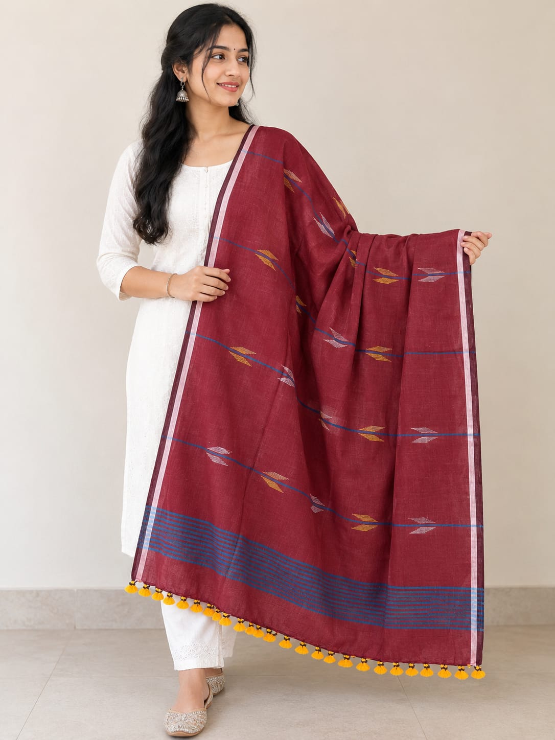 Rust Yellow Handloom Jamdani Cotton Dupatta