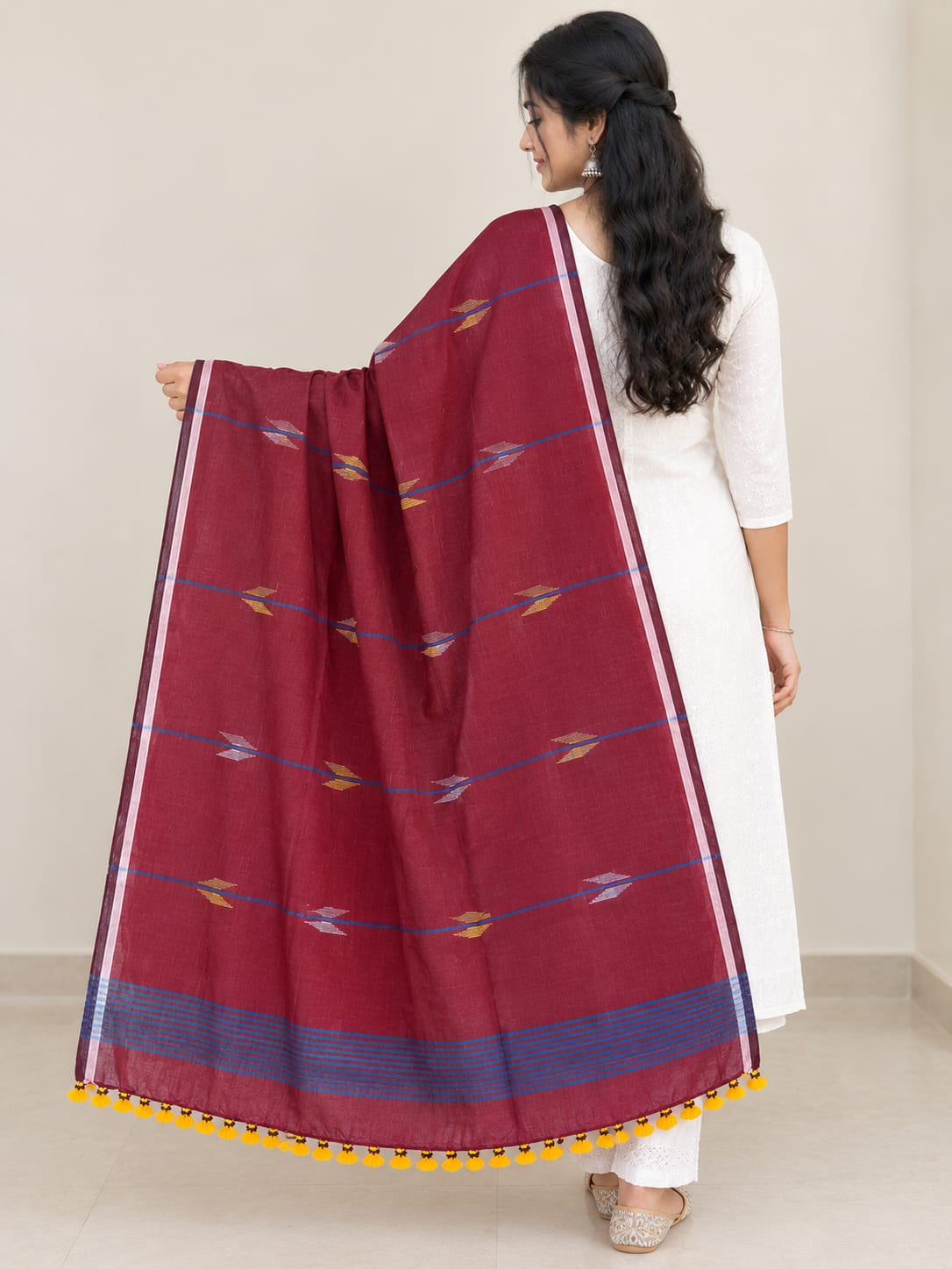 Rust Yellow Handloom Jamdani Cotton Dupatta - view 2