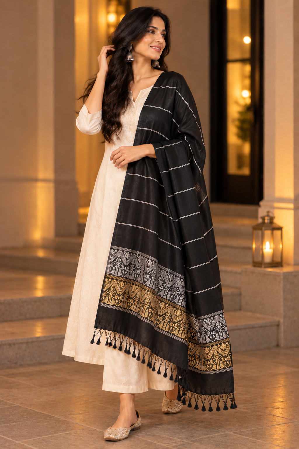 Black Yellow Handloom Assamese Art Silk Dupatta - view 4