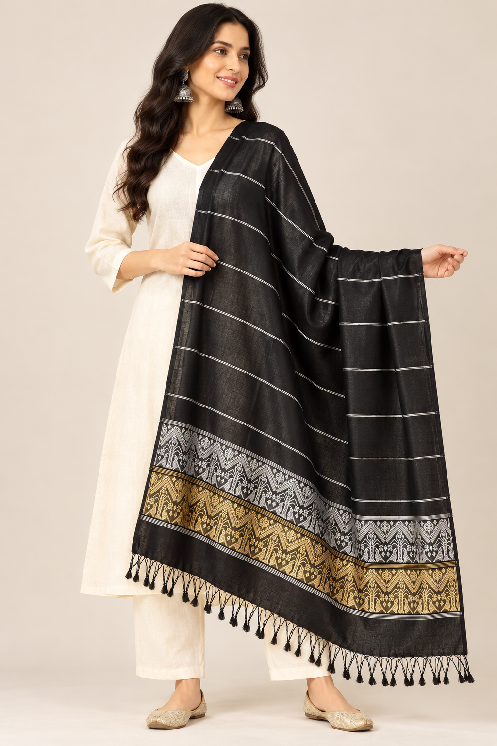 Black Yellow Handloom Assamese Art Silk Dupatta - view 2