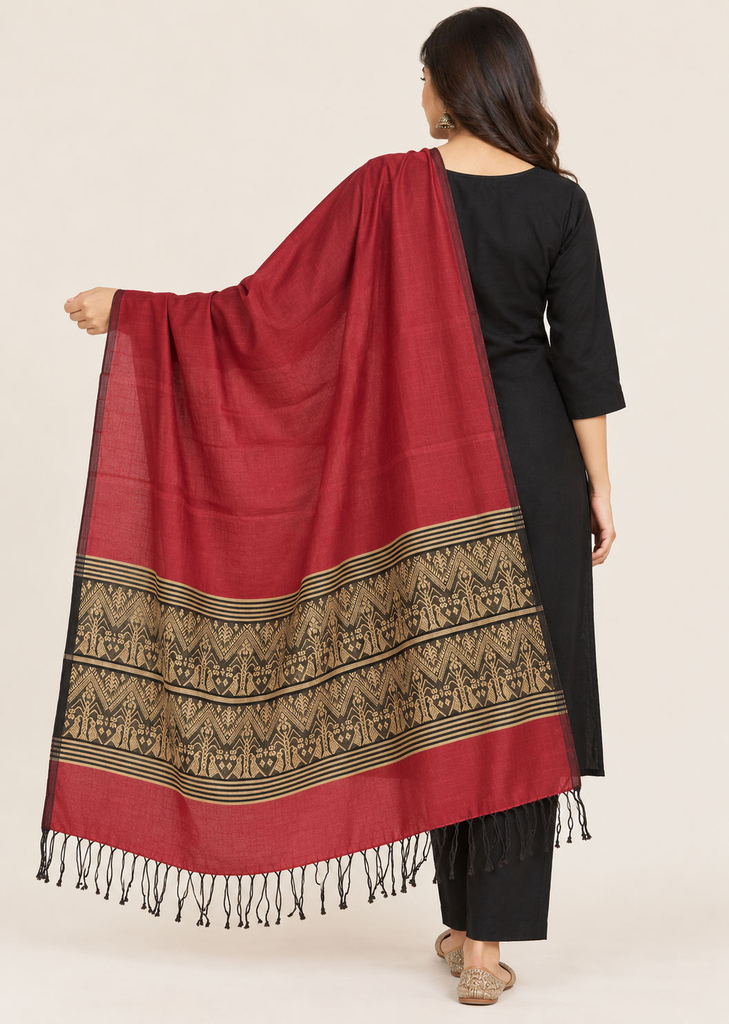Deep Red Yellow Handloom Assamese Cotton Dupatta - back view