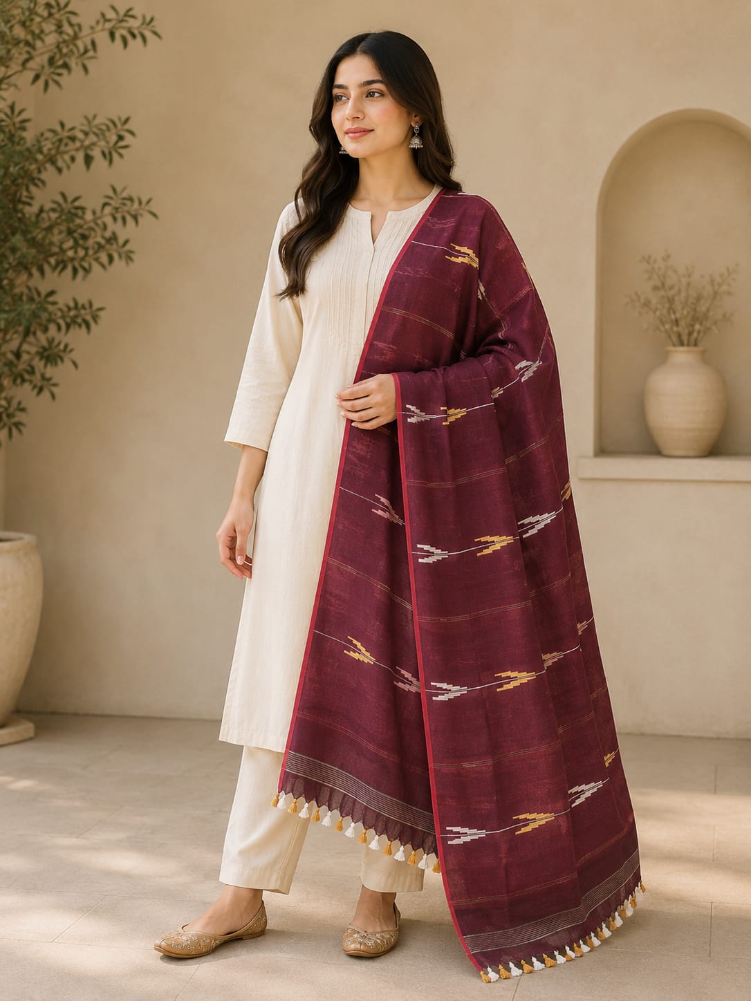 Wine Handloom Jamdani Cotton Dupatta