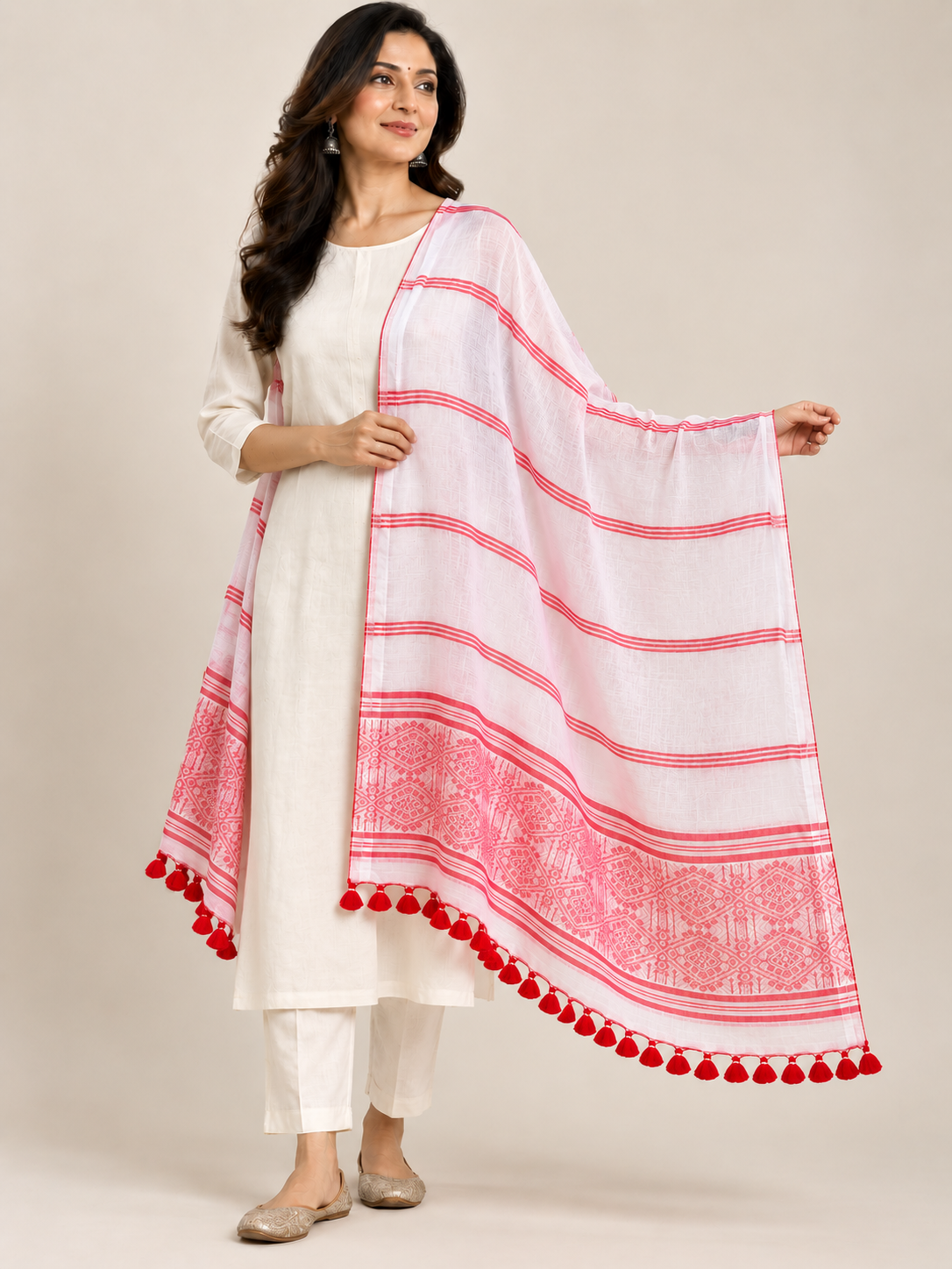White Red Handloom Assamese Cotton Dupatta - view 3