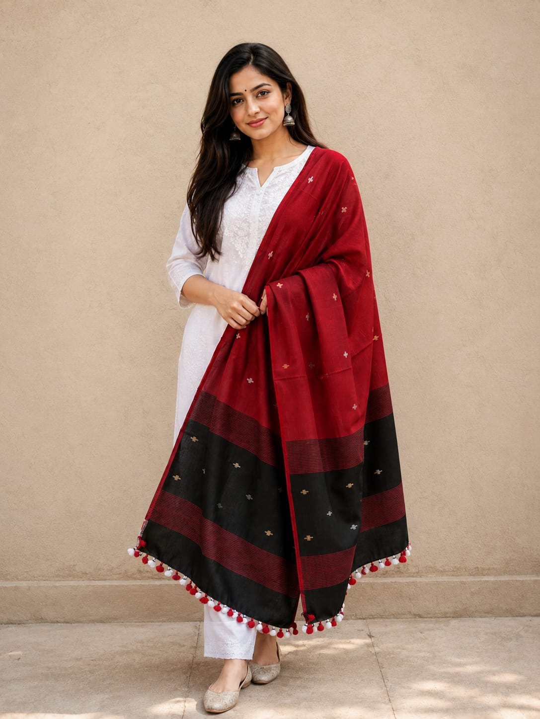 Red Black Handloom Jamdani Cotton Dupatta