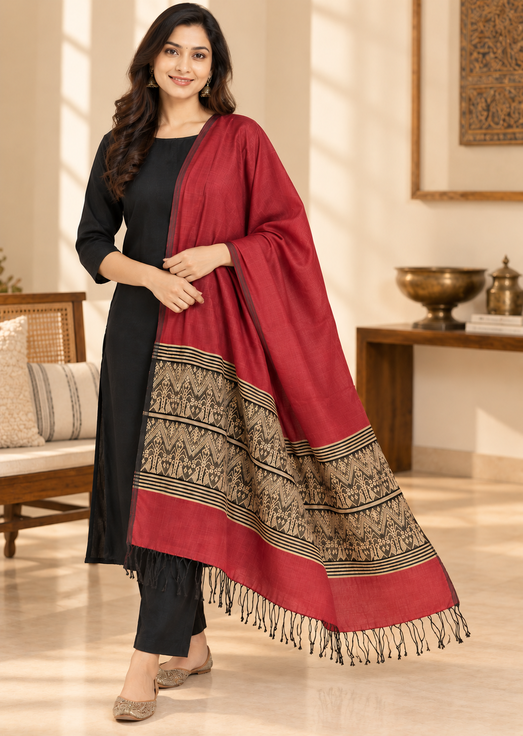 Deep Red Yellow Handloom Assamese Cotton Dupatta