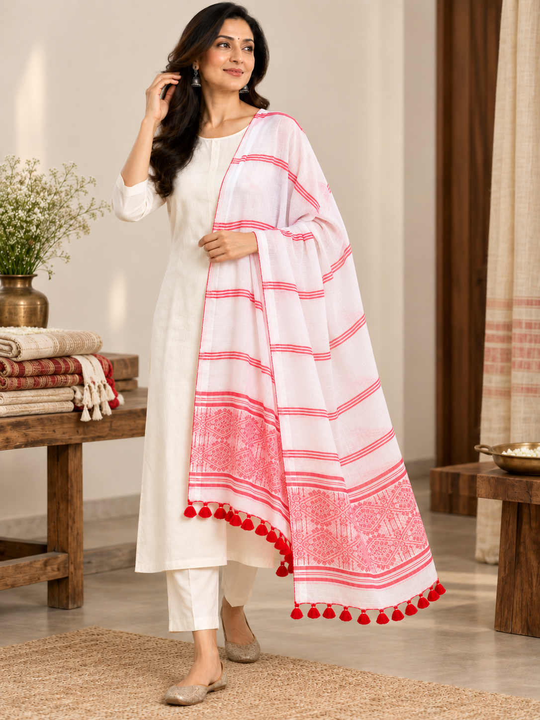 White Red Handloom Assamese Cotton Dupatta - view 2