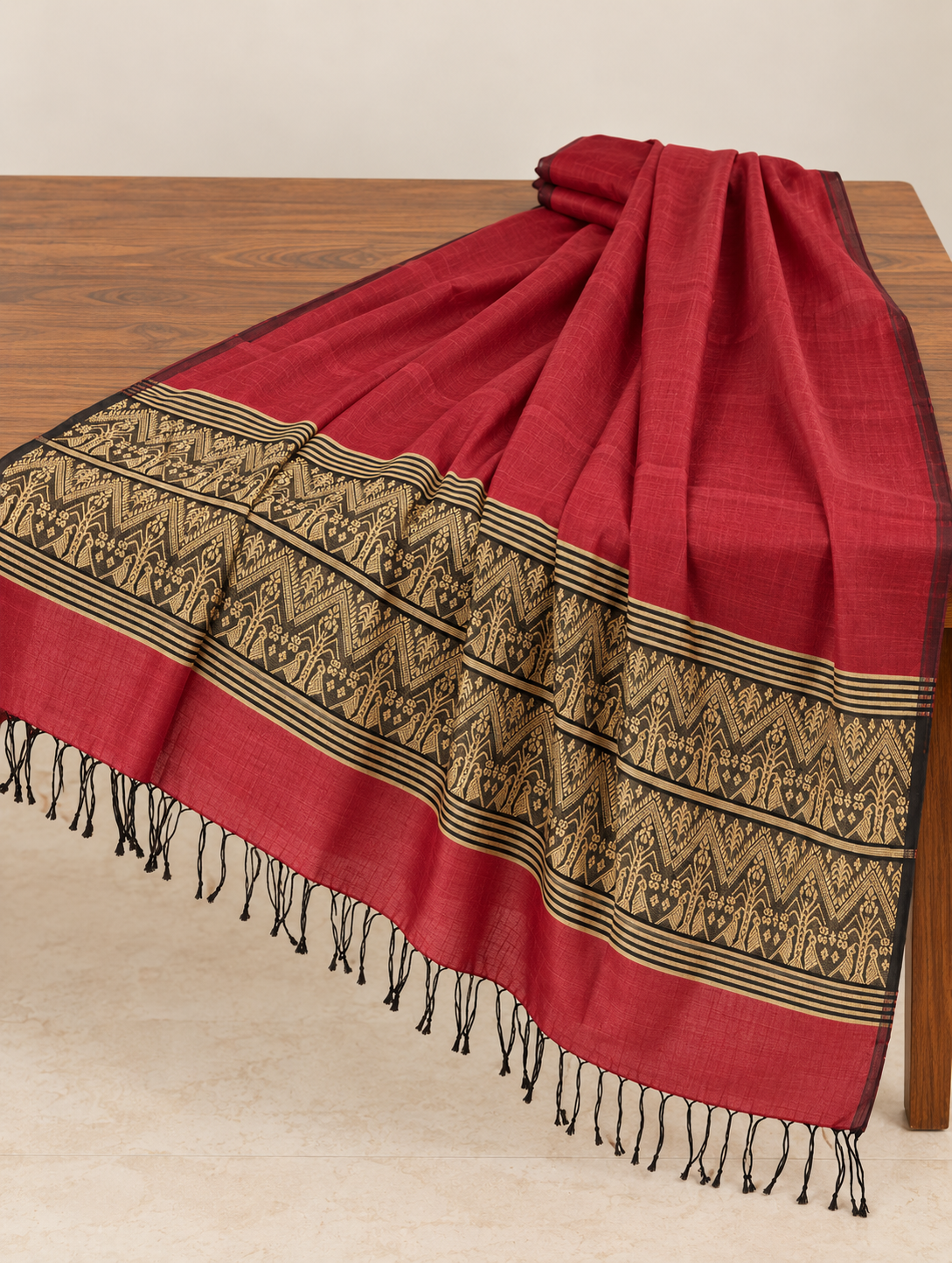 Deep Red Yellow Handloom Assamese Cotton Dupatta - view 3