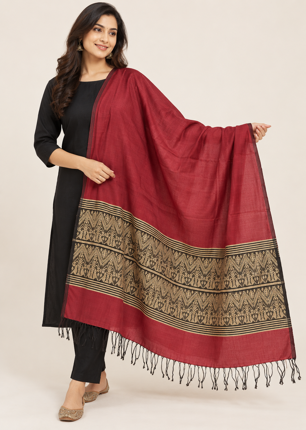 Deep Red Yellow Handloom Assamese Cotton Dupatta - view 2