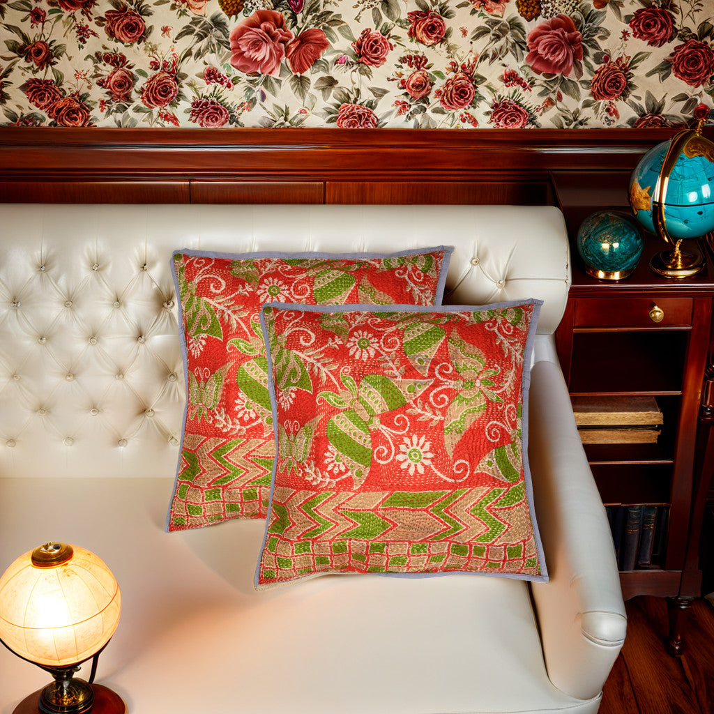 Red Brown Kantha Silk Reversible Cushion Cover - Pack of 1